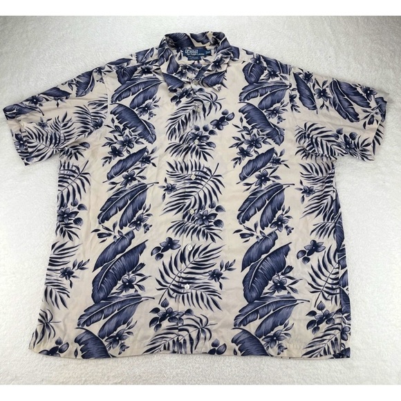 Polo Ralph Lauren Shirt Mens XL Blue Clayton Hawaiian Viscose Split Hem Vacay - Picture 1 of 12